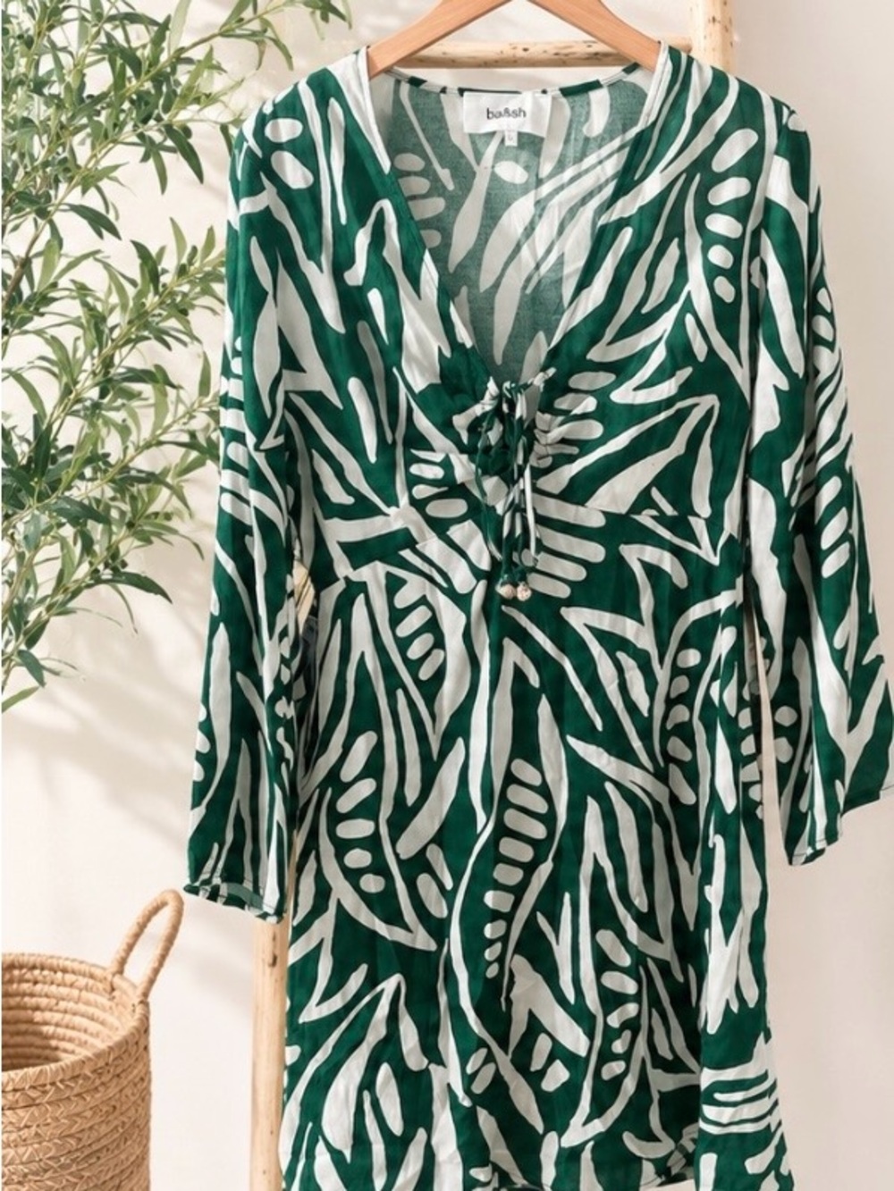 ba&sh Green and White Leaf-Print Tie-Front Tunic Dress Size 1